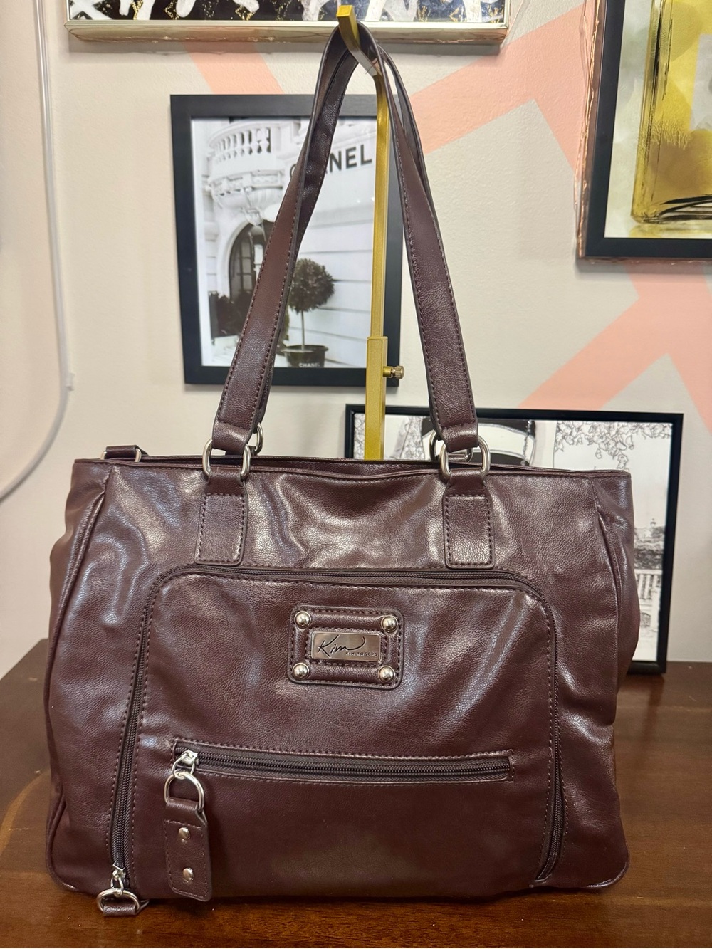 Kim Rogers Faux Leather Tote Bag in Dark Brown